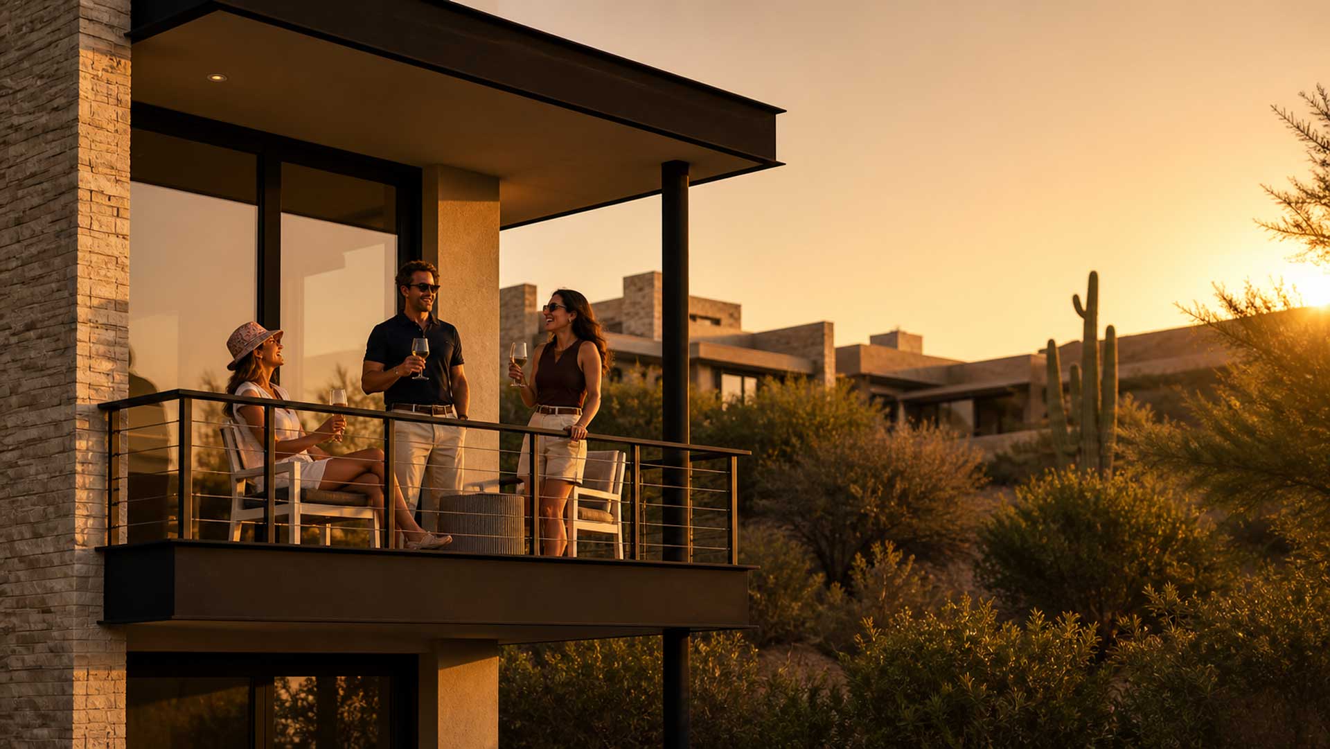 Group of people enjoying wine on balcony at Scottsdale Golf Retreat