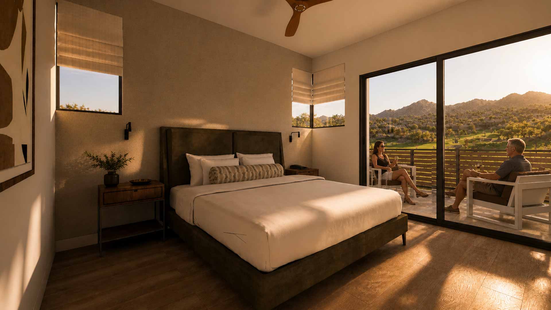 Interior rendering of Scottsdale Golf Retreat Room with couple enjoying wine on the balcony