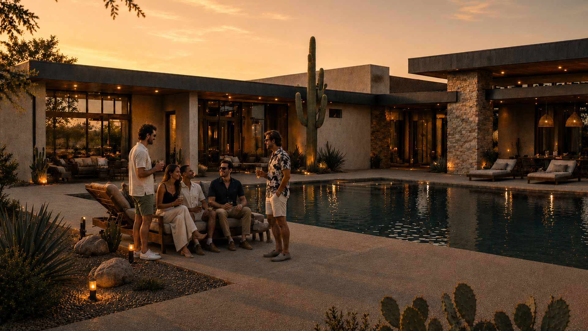 Group of people enjoying drinks at Scottsdale Golf Retreat pool